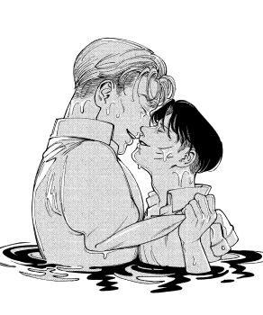 2boys amputee black_hair blonde_hair closed_eyes clothes_grab erwin_smith good_gdmr greyscale highres imminent_kiss jacket levi_(shingeki_no_kyojin) male_focus monochrome multiple_boys parted_bangs parted_lips partially_submerged scar scar_on_face shingeki_no_kyojin sleeve_grab upper_body wet white_background yaoi