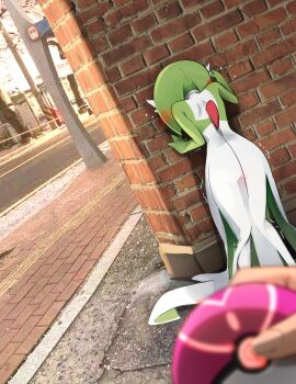 1girl absurdres against_wall blush brick_wall colored_skin controller day discreet_vibrator dress from_behind gardevoir gen_3_pokemon green_hair green_skin heart heart_print highres holding holding_poke_ball holding_remote_control khyle. love_ball medium_hair multicolored_skin nintendo outdoors photo-referenced poke_ball pokemon pokemon_(creature) remote_control remote_control_vibrator sex_toy solo_focus trembling two-tone_skin vibrator vibrator_under_clothes white_dress white_skin