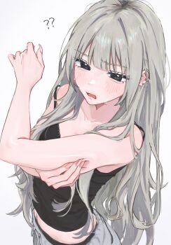1girl ? ?? absurdres bare_arms bare_shoulders black_camisole black_eyes black_shirt blunt_bangs blush breasts camisole collarbone commentary drawstring ear_piercing english_commentary fingernails from_above grey_hair grey_pants hamafugu hand_up highres holding_own_arm hot long_fingernails long_hair looking_at_viewer midriff navel original pants piercing pinching shirt sidelocks simple_background small_breasts solo straight_hair strap_slip sweat sweatpants upper_body white_background