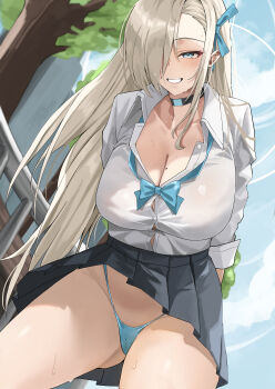 1girl absurdres asuna_(blue_archive) asuna_(school_uniform)_(blue_archive) black_choker blonde_hair blue_archive blue_panties blue_sky bow bowtie breasts button_gap cameltoe choker cleavage clothes_lift cloud day grin hair_over_one_eye hair_ribbon highres large_breasts leaning_forward miniskirt miz_blank no_halo outdoors panties ribbon school_uniform skirt skirt_lift sky smile solo sweat thighs tree underwear wind wind_lift