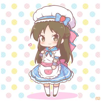 1girl apron black_shoes blue_bow blue_skirt bow chef_hat chibi colored_shadow commentary_request frilled_apron frilled_skirt frills hand_up hat hat_bow heart idolmaster idolmaster_cinderella_girls mitarashi_neko multicolored_polka_dots outline plaid_bow plaid_clothes plaid_skirt polka_dot polka_dot_background puffy_short_sleeves puffy_sleeves shadow shirt shoes short_sleeves skirt socks solo standing tachibana_arisu waist_apron white_apron white_background white_hat white_outline white_shirt white_socks wrist_cuffs