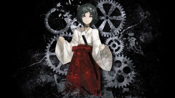 1boy black_background black_hair bob_cut chihaya_(clothing) choker game_cg gears hair_ornament hairclip hakama hakama_skirt highres huke japanese_clothes kosode looking_at_viewer miko official_art official_wallpaper pink_eyes red_hakama ribbon_choker ribbon_trim ringed_eyes science_adventure skirt skull_hair_ornament smile solo square_pupils steins;gate trap urushibara_luka wide_sleeves