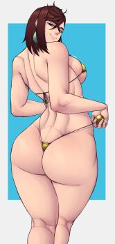 Rule 34 | 1girl, absurdres, artist name, ass, ayase momo, bare back, bare shoulders, bikini, border, breasts, brown eyes, brown hair, dandadan, earrings, female focus, highres, jewelry, limn044, medium breasts, medium hair, simple background, smile, standing, swimsuit, thighs, white border