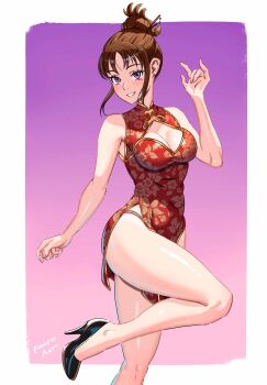 Rule 34 | 1girl, ass, bare shoulders, blush, breasts, brown hair, china dress, chinese clothes, cleavage cutout, clothing cutout, diane (nanatsu no taizai), dress, emmettart, hair bun, high heels, highres, large breasts, long hair, looking at viewer, nanatsu no taizai, purple eyes, sleeveless, standing, standing on one leg, teeth