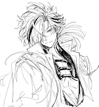 Rule 34 | 1boy, closed mouth, fate/grand order, fate (series), greyscale, hair over one eye, jacket, japanese clothes, long hair, looking at viewer, low ponytail, male focus, monochrome, multicolored hair, one eye covered, pectoral cleavage, pectorals, ponytail, simple background, sketch, smile, solo, streaked hair, takasugi shinsaku (fate), tyoookozuki, upper body, white background