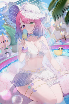 1girl absurdres aqua_hair ball bangle bare_shoulders bikini bird blue_choker blue_sky blush bow bow_earrings bracelet breasts candy_hat_ornament choker cleavage closed_mouth cloud cloudy_sky collarbone day earrings fanning food frilled_skirt frilled_thigh_strap frills gradient_hair green_eyes hat hat_ribbon heterochromia highres himemori_luna holding holding_food holding_popsicle hololive ice_cream jewelry jinbei_(user_tpny4757) large_breasts leaf looking_at_viewer luknight_(himemori_luna) medium_hair multicolored_hair navel o-ring o-ring_bikini o-ring_top off-shoulder_shirt off_shoulder outdoors palm_tree pink_eyes pink_hair pink_skirt polka_dot polka_dot_bikini polka_dot_hat polka_dot_skirt popsicle purple_hair purple_ribbon ribbon rubber_duck see-through_clothes see-through_shirt shirt sitting skirt sky smile star_(symbol) star_bracelet star_earrings stomach sun_hat swimsuit thigh_strap thighlet thighs tongue tongue_out tree two-tone_hat virtual_youtuber water white_bikini white_bow white_hat white_shirt