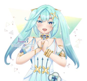 1girl aozoradoesart aqua_hair aqua_pupils armpit_cutout arrow_print bare_shoulders blush bracelet clothing_cutout cowlick dress faruzan_(genshin_impact) genshin_impact geometric_pattern hair_ornament jewelry long_hair looking_at_viewer neck_ring open_mouth shoulder_cutout simple_background skirt_cutout smile solo symbol-shaped_pupils triangle-shaped_pupils twintails white_dress x_hair_ornament