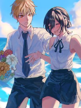 1boy 1girl black_hair black_ribbon blonde_hair chainsaw_man choker collared_shirt commentary denji_(chainsaw_man) hair_between_eyes hair_bun highres neck_ribbon os2kr pull_cord reze_(chainsaw_man) ribbon shirt shirt_tucked_in single_hair_bun sleeveless sleeveless_shirt