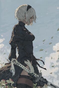 1girl 2b_(nier:automata) blue_eyes blue_sky cloud highres holding holding_sword holding_weapon looking_down nier:automata nier_(series) nutori_manga petals short_hair sky sword weapon white_hair