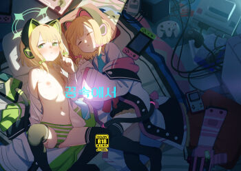 2girls absurdres animal_ear_headphones animal_ears bed blonde_hair blue_archive blush bra breasts cat_ear_headphones cat_ears commentary_request controller cute_weapon fake_animal_ears female_focus game_console game_controller green_eyes headphones highres loli looking_at_viewer midori_(blue_archive) momoi_(blue_archive) multiple_girls panties pillow school_uniform shamonabe short_hair siblings sisters sleeping small_breasts spread_legs striped_clothes striped_panties twins underwear weapon