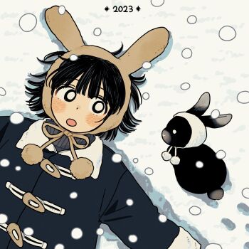 Rule 34 | 1girl, 2023, black coat, black eyes, black hair, blush, bright pupils, coat, commentary, highres, long sleeves, looking to the side, lying, on back, open mouth, original, rabbit, short hair, sihyun25, snow, snowing, solo, symbol-only commentary, white pupils