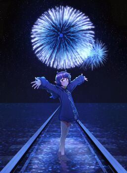 1girl absurdres arms_up barefoot blunt_bangs commentary ddolbang drawstring english_commentary fireworks highres hololive hololive_english light_smile long_sleeves looking_at_viewer night ninomae_ina'nis ninomae_ina'nis_(loungewear) official_alternate_costume outdoors oversized_sweater pointy_ears purple_hair purple_hood railroad_tracks sky solo standing star_(sky) starry_sky sweater virtual_youtuber wading wide_shot