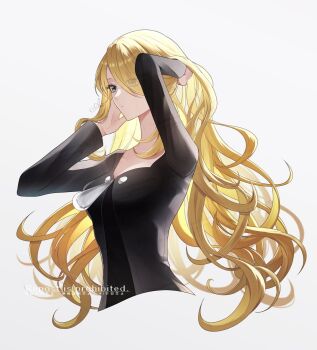 1girl artist_name black_coat blonde_hair coat collarbone cropped_torso curly_hair cynthia_(pokemon) grey_eyes hair_over_one_eye hand_in_own_hair hand_on_own_face highres long_hair nintendo pokemon pokemon_dppt sakaralalala simple_background solo swept_bangs very_long_hair white_background