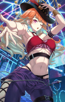 1girl absurdres amusement_park asymmetrical_clothes black_hat blue_sky breasts building city city_lights cityscape concert earrings feather_earrings feathers ferris_wheel foreshortening gradient_hair green_hair hat hat_feather highres hololive hololive_english jewelry large_breasts long_hair looking_at_viewer midriff multicolored_hair navel night night_sky one_eye_closed open_mouth orange_hair outdoors pants purple_eyes scenery shirt single_pantsleg sky skyscraper smile solo stage stage_lights takanashi_kiara teku_(2nd_escape) virtual_youtuber