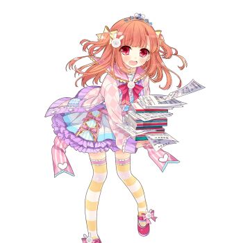 1boy blue_dress blunt_bangs bow bowtie checkered_clothes checkered_jacket crossdressing crossdressing_(mtf) dress hair_bow hair_ornament jacket jerry_lemon lifting_object medium_hair moriyama_shijimi open_mouth pink_bow pink_bowtie pink_jacket pink_sailor_collar pink_shoes rabbit_hair_ornament red_eyes sailor_collar school_uniform shoes striped_clothes striped_thighhighs thighhighs tiara trap two_side_up uchi_no_hime-sama_ga_ichiban_kawaii white_thighhighs yellow_bow yellow_thighhighs