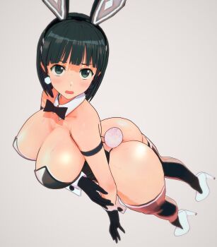 1145ryou_cm3d2 1girl 3d animal_ears armband ass bare_shoulders black_bow black_bowtie black_eyes black_gloves black_hair black_leotard black_thighhighs bob_cut bow bowtie breasts cleavage collarbone detached_collar earrings fake_animal_ears fake_tail full_body gloves hair_ornament high_heels highleg highleg_leotard highres huge_ass jewelry kirigaya_suguha large_breasts leotard looking_at_viewer looking_up medium_hair nervous open_mouth playboy_bunny rabbit_ears rabbit_tail simple_background solo standing strapless strapless_leotard sweat sweatdrop sword_art_online tail thick_thighs thighhighs thighs white_background white_footwear wrist_cuffs