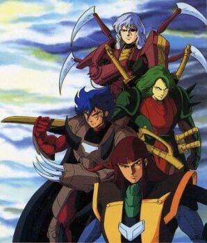 Rule 34 | 4boys, anubis (samurai troopers), armor, blue hair, cale, cape, claws, expressionless, eyepatch, green hair, looking at viewer, multiple boys, naaza, official art, rajura, red hair, samurai, scar, scar on face, serious, shuten doji (samurai troopers), sunrise (company), sword, weapon, white hair, yoroiden samurai troopers