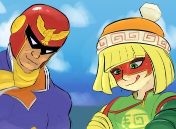 1girl arms_(game) beanie blonde_hair blue_background blunt_bangs captain_falcon domino_mask drawfag eye_mask f-zero green_eyes hat helmet licking_lips looking_down mask min_min_(arms) nintendo parody scar smile solo spongebob_squarepants_(series) super_smash_bros. sweat tongue tongue_out