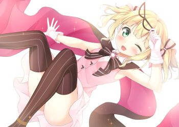 Rule 34 | 1girl, :d, ;d, aqua eyes, armpits, bad id, bad pixiv id, black bow, black bowtie, black cape, black thighhighs, blonde hair, blunt bangs, blush, bow, bowtie, brooch, cape, collared shirt, commentary request, domino mask, eye mask, female focus, flat chest, gloves, gochuumon wa usagi desu ka?, hair bow, hand up, holding, holding mask, jewelry, karutamo, kirima syaro, layered skirt, looking at viewer, mask, one eye closed, open mouth, petals, phantom thief lapin, pink vest, pinstripe legwear, pinstripe pattern, shirt, short hair, sidelocks, simple background, skirt, sleeveless, sleeveless shirt, smile, solo, sparkle, striped bow, striped bowtie, striped clothes, striped neckwear, striped thighhighs, thighhighs, thighs, twintails, unworn mask, upskirt, vertical-striped clothes, vertical-striped thighhighs, vest, wavy hair, white background, white gloves, white shirt, white skirt, wing collar