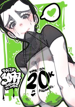 1girl absurdres artist_name bilingual_commentary black_hair black_shirt body_writing bra breasts cleavage closed_mouth clothes_lift commentary earrings english_commentary green_bra grey_eyes heart highres jewelry jrpencil large_breasts lifting_own_clothes looking_at_viewer makeup mixed-language_commentary mouth_hold original raised_inner_eyebrows runny_makeup see-through_clothes see-through_shirt shirt shirt_lift short_hair short_sleeves solo speech_bubble spoken_heart underwear upper_body