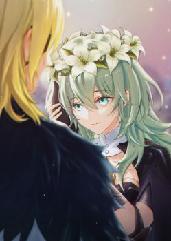 1boy 1girl armor artist_name black_armor blonde_hair breasts closed_mouth dimitri_alexandre_blaiddyd dimitri_alexandre_blaiddyd_(timeskip) eyepatch female_byleth_(awakened)_(fire_emblem) female_byleth_(fire_emblem) fire_emblem fire_emblem:_three_houses green_eyes green_hair head_wreath hetero highres looking_at_another medium_breasts medium_hair nanananahoshi_(artist) nintendo official_alternate_eye_color official_alternate_hair_color smile solo_focus twitter_username watermark