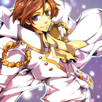 1boy ascot bad_id bad_pixiv_id brown_hair cape epaulettes gradient_background hazuki_(denebola) male_focus pretty_series pretty_rhythm pretty_rhythm_aurora_dream purple_eyes shou_(pretty_rhythm) smile solo syn_sophia