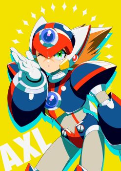 Rule 34 | 1boy, android, armor, axl (mega man), black armor, black helmet, brown hair, character name, chest jewel, cowboy shot, cross scar, forehead jewel, green eyes, helmet, highres, long hair, male focus, mega man (series), mega man x (series), no-rishio, one eye closed, red helmet, scar, scar on face, shoulder armor, simple background, solo, spiked hair, yellow background