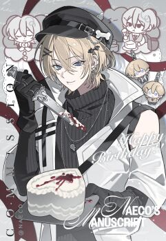 1boy birthday black_gloves black_hat black_sweater blonde_hair blood blue_eyes bow cake chibi chibi_inset earrings elbow_gloves english_text evodtonaeco food fork gloves hair_between_eyes hair_ornament hairclip happy_birthday hat highres holding holding_cake holding_food holding_knife jacket jewelry knife looking_at_viewer male_focus necklace open_clothes open_jacket original plate short_hair smile solo sweater turtleneck turtleneck_sweater upper_body white_jacket