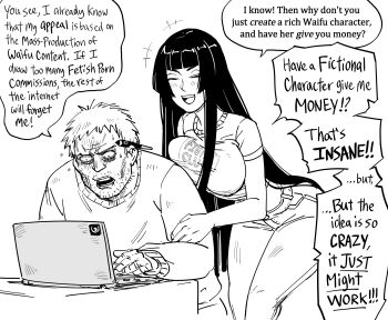 1boy 1girl absurdres artist_self-insert bb_(baalbuddy) black_hair breasts comic computer english_text facial_hair greyscale highres hime_cut hime_cut_wife_(baalbuddy) laptop large_breasts long_hair monochrome original segmented_comic simple_background sitting speech_bubble stubble table white_background