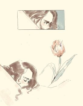 2girls a_song_of_ice_and_fire alicent_hightower blush brown_hair closed_eyes commentary cunnilingus english_commentary flower highres house_of_the_dragon long_hair multiple_girls oral pink_flower pink_tulip rhaenyra_targaryen roguefiction simple_background tulip yellow_background yonic_symbol yuri