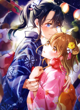 2girls absurdres artist_request black_hair blue_eyes blue_kimono blurry blush brown_eyes brown_hair candy_apple closed_mouth dengeki_moeoh depth_of_field dutch_angle floral_print floral_print_kimono food hair_bun hair_ornament highres holding holding_another's_wrist holding_candy_apple holding_food hug japanese_clothes kanzashi kimono lantern light_particles long_hair looking_at_another looking_at_viewer magazine_scan medium_hair multiple_girls night one_side_up original outdoors parted_lips pink_kimono ponytail print_kimono scan sidelocks third-party_source upper_body wide_sleeves yukata yuri