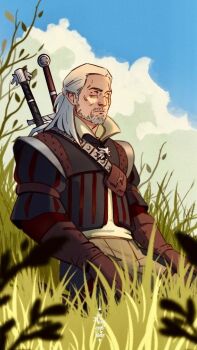 1boy blue_sky brown_gloves closed_eyes cloud day facial_hair geralt_of_rivia gloves grass grey_hair kneeling long_hair outdoors runandhide21 sky solo the_witcher_(series) the_witcher_3 witcher_medallion