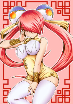 1girl bangle bracelet china_dress chinese_clothes closed_mouth commentary_request covered_navel dress duel_masters gold_bangle gold_trim hair_ornament hair_over_eyes hair_ribbon hand_on_own_face highres ihara_shigekatsu jewelry long_hair multicolored_dress pink_hair purinpurin_(duel_masters) ribbon solo thighhighs twintails white_dress white_thighhighs yellow_dress yellow_ribbon