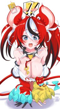 ! 1girl absurdres all_fours animal_ear_fluff animal_ears assisted_exposure asymmetrical_sleeves bare_shoulders black_gloves black_hair black_streaks blue_eyes blush bow breasts cheese choker clothes_pull commentary convenient_censoring detached_sleeves dice dice_hair_ornament double-parted_bangs fang food gloves hair_between_eyes hair_ornament hakos_baelz hakos_baelz_(1st_costume) hanging_breasts highres hololive hololive_english key large_breasts leaning_forward mouse_ears mouse_tail mr._squeaks_(hakos_baelz) multicolored_hair open_mouth pandora_box9 red_hair shirt_pull single_glove spiked_choker spikes spoken_exclamation_mark surprised sweat tail tail_bow tail_ornament tearing_up tongue trembling twintails uneven_twintails virtual_youtuber white_background white_hair