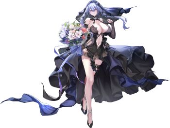 1girl alpha_transparency black_dress black_shoes black_sleeves black_veil blue_flower blue_rose bouquet breasts cleavage clothing_cutout commentary_request counter:side crossed_legs detached_sleeves dress floating_clothes flower full_body hair_between_eyes halter_dress halterneck high_heels highres holding holding_bouquet huge_breasts korean_commentary long_hair looking_at_viewer navel navel_cutout official_alternate_costume official_art pink_eyes purple_hair revealing_clothes rose shoes showgirl_skirt side_cutout smile solo standing swan_claire tachi-e thigh_strap third-party_source veil wedding_dress white_flower white_rose