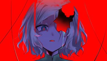 1boy blood blue_eyes cafnibgqfz00ekw colored_skin cracked_skin crying grey_eyes grey_hair highres looking_at_viewer male_focus open_mouth other_focus otto_suewen parted_lips pink_pupils portrait re:zero_kara_hajimeru_isekai_seikatsu red_background red_pupils short_hair simple_background solo string