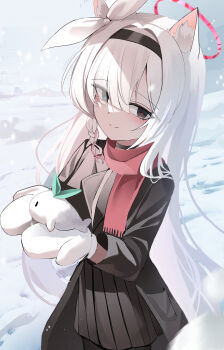 1girl absurdres adapted_costume animal_ear_fluff animal_ears black_choker black_coat black_eyes black_hairband black_skirt blue_archive blue_pupils blunt_bangs blush bow braid cat_ears cat_girl choker closed_mouth coat commentary cowboy_shot eyelashes eyes_visible_through_hair fringe_trim hair_bow hair_intakes hair_over_one_eye hair_over_shoulder hairband halo hands_up highres kemonomimi_mode long_bangs long_hair long_sleeves looking_at_viewer lunar_(pixiv53683306) mismatched_pupils mittens one_eye_covered outdoors plana_(blue_archive) pleated_skirt red_halo red_pupils red_scarf scarf single_braid skirt smile snow snow_animal snowing solo split_mouth tsurime very_long_hair white_bow white_mittens winter