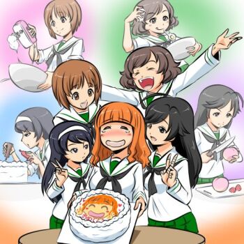 5girls :d :q ahoge akiyama_yukari arms_up bandaged_fingers bandages birthday birthday_cake black_eyes black_hair black_neckerchief blouse blunt_bangs blush bowl brown_eyes brown_hair cake character_print closed_eyes closed_mouth cooking egg flashback food frown fruit girls_und_panzer green_skirt hairband half-closed_eyes happy holding holding_bowl holding_knife isuzu_hana knife kogane_(staygold) long_hair long_sleeves looking_at_another lowres mixer_(cooking) mixing_bowl multiple_girls neckerchief nishizumi_miho ooarai_school_uniform open_mouth orange_hair outstretched_arms peach pleated_skirt reizei_mako sailor_collar school_uniform serafuku shirt short_hair sitting skirt smile spread_arms standing strawberry table takebe_saori tearing_up tongue tongue_out v white_hairband white_sailor_collar white_shirt