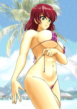 1girl beach bikini breasts gemini69 girls_und_panzer green_eyes highres large_breasts navel open_mouth outdoors palm_tree red_hair sky smile solo swimsuit tree tristana_(girls_und_panzer)
