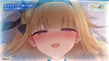 1girl blonde_hair blush braid commentary_request dmm hair_ornament hairband moon_(otogi_frontier) open_mouth otogi_frontier purple_eyes raised_inner_eyebrows twin_braids