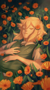 1boy basil_(faraway)_(omori) basil_(omori) blonde_hair brown_shorts closed_eyes collared_shirt double-parted_bangs flower grass green_sweater_vest hair_between_eyes hands_on_own_stomach highres lying male_focus multifora omori on_back parted_lips shirt short_hair short_sleeves shorts sidelocks solo sweater_vest white_shirt