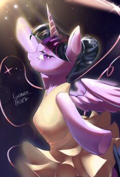 1girl animal_ears ballerina ballet black_hair blunt_bangs breasts closed_mouth colored_skin cutie_mark dress english_text eyelashes feathered_wings feathers furry furry_female g5p7r hair_bun highres horns horse_ears looking_at_viewer multicolored_hair my_little_pony my_little_pony:_friendship_is_magic pegasus purple_eyes purple_hair purple_skin single_horn sleeveless solo sparkle twilight_sparkle unicorn winged_unicorn wings yellow_dress