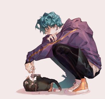 1boy absurdres animal aphelios black_pants cat commentary converse covered_mouth covering_own_mouth crossed_arms ear_piercing earrings english_commentary green_hair hair_between_eyes heartsteel_(league_of_legends) heartsteel_aphelios highres holding holding_string hood hood_down hoodie jewelry jv0202021 layered_clothes league_of_legends male_focus pants piercing profile purple_hoodie shadow shoelaces shoes short_hair simple_background sneakers solo string striped_clothes whiskers white_background