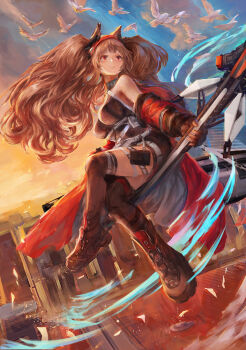 1girl alternate_breast_size_(larger) angelina_(arknights) angelina_(distinguished_visitor)_(arknights) animal_ears arknights bare_shoulders belt bird black_boots black_collar black_leotard black_thighhighs boots breasts brown_hair building chinese_commentary cloud coat collar commentary_request dove earpiece expressionless floating_clothes floating_hair floating_staff flock fluffy_hair fox_ears fox_girl frozenduck hairband highres holding holding_staff impossible_clothes impossible_leotard infection_monitor_(arknights) large_breasts leotard long_hair off_shoulder official_alternate_costume open_clothes open_coat originium_arts_(arknights) outdoors red_coat red_eyes red_hairband sitting skyscraper solo staff striped_clothes striped_hairband sunrise thigh_strap thighhighs twintails two-tone_hairband white_belt