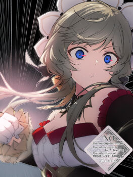 1girl black_collar blue_eyes brown_hair center_frills clenched_hand closed_mouth collar commentary_request detached_collar detached_sleeves emphasis_lines frilled_sleeves frills genshin_impact gloves incoming_attack incoming_punch kinatsu_k long_hair long_sleeves punching sandrone_(genshin_impact) upper_body watermark white_gloves white_headdress wide-eyed