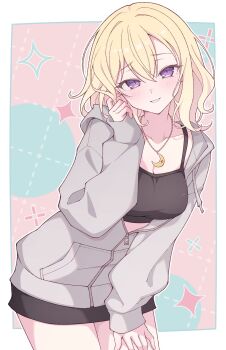 1girl bang_dream! bang_dream!_it's_mygo!!!!! black_sports_bra blonde_hair blush breasts commentary e20 grey_jacket highres jacket jewelry long_sleeves looking_at_viewer medium_breasts medium_hair misumi_uika necklace open_mouth partially_unzipped purple_eyes sleeves_past_wrists solo spaghetti_strap sports_bra