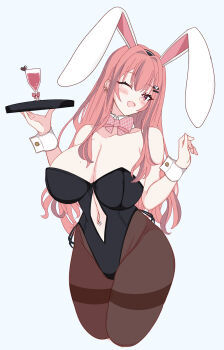 1girl absurdres alternate_costume animal_ears azur_lane black_leotard bow breasts bremerton_(azur_lane) brown_pantyhose cleavage clothing_cutout commentary_request detached_collar fake_animal_ears hair_down highleg highleg_leotard highres holding holding_tray huge_breasts leotard londom_(lonhomewell) mole mole_on_breast navel_cutout navel_piercing one_eye_closed open_mouth pantyhose piercing pink_bow pink_eyes pink_hair playboy_bunny rabbit_ears simple_background solo thighband_pantyhose tray white_background white_wrist_cuffs wrist_cuffs