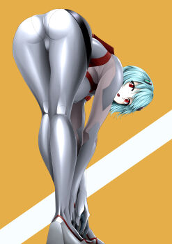 1girl ayanami_rei bent_over blue_hair bodysuit breasts from_behind headset looking_at_viewer looking_back neon_genesis_evangelion red_eyes thighs
