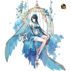 Rule 34 | 1girl, anklet, barefoot, bird, bird on hand, birdcage, black hair, blue dress, blue flower, blue hair, blue nails, bracelet, breasts, cage, clothing cutout, cockatiel, commentary request, dress, feet, flower, highres, jewelry, large breasts, leaf, logo, looking at animal, mahjong soul, multicolored hair, nail polish, navel, neck ring, necklace, official art, qing luan, see-through, shine cheese, sitting, solo, stomach cutout, tassel, white background