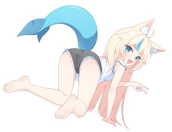 Rule 34 | 1girl, all fours, animal ears, barefoot, black shorts, blue eyes, cat ears, fang, feet, fins, fish tail, from behind, highres, indie virtual youtuber, long hair, looking at viewer, open mouth, panties, sameko saba, short shorts, shorts, simple background, soles, solo, striped clothes, striped panties, tail, toes, ugaaaa1, underwear, v, virtual youtuber